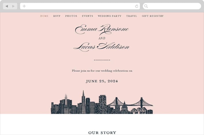 "Big City - San Francisco" - Wedding Website in Blush by Hooray Creative - Desktop Design