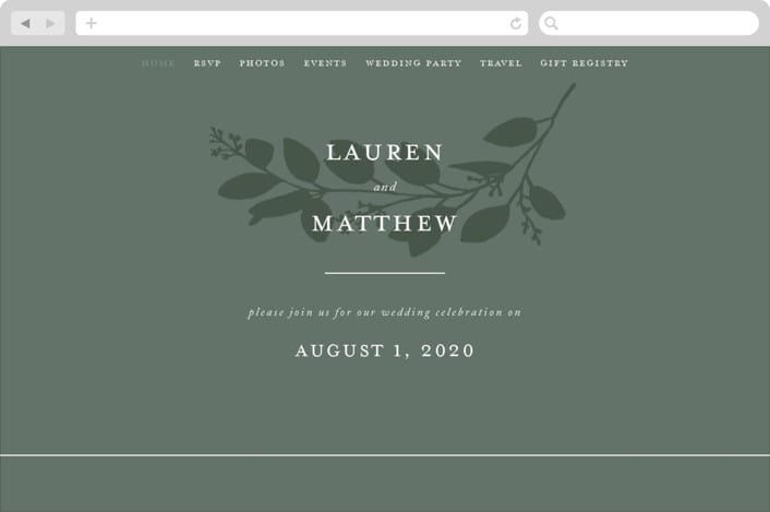 "Falling Branch" - Wedding Website in Eucalyptus by Amy Kross - Desktop Design