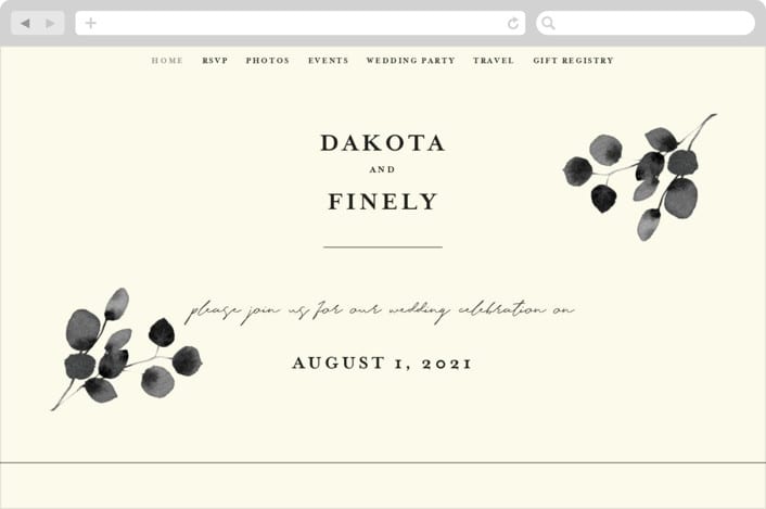 "Silver Dollar Eucalyptus" - Wedding Website in Ivory by Shannon Chen of Four Wet Feet Studio - Desktop Design