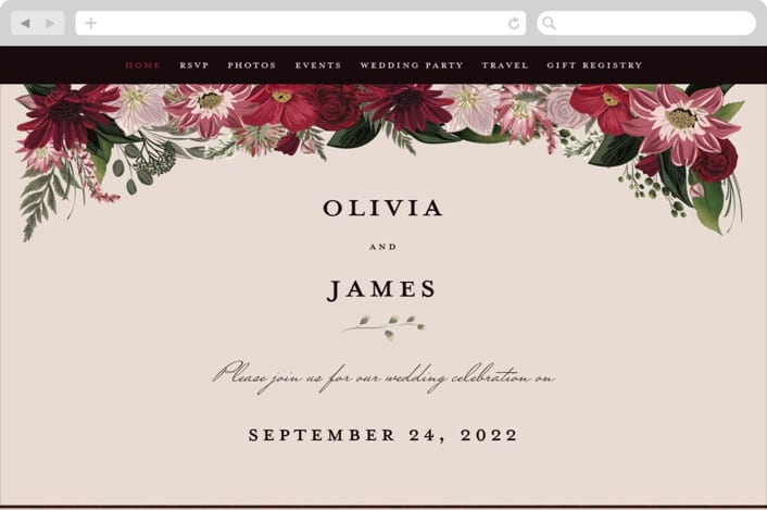 "Midnight Botanicals" - Wedding Website in Cranberry by Susan Moyal - Desktop Design