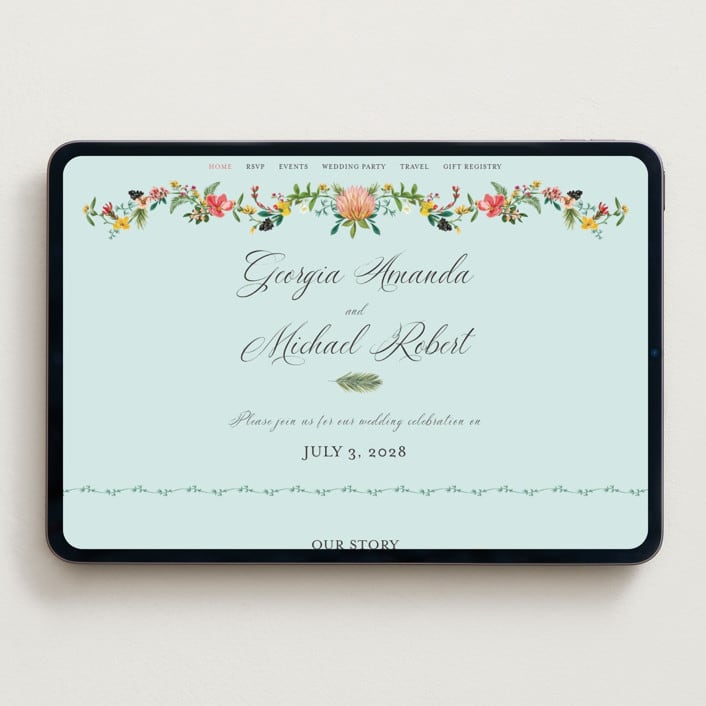 "Tropical Crest" - Wedding Website in Papaya by Susan Moyal - Desktop Design