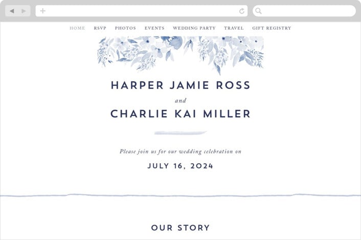 "Poetic Watercolor Flowers" - Wedding Website in Periwinkle by Qing Ji - Desktop Design