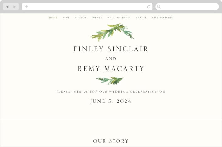 "Simple Pine Branches" - Wedding Website in Vanilla by Mere Paper - Desktop Design