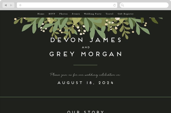"Laurel of Greens" - Wedding Website in Midnight by Jennifer Wick - Desktop Design