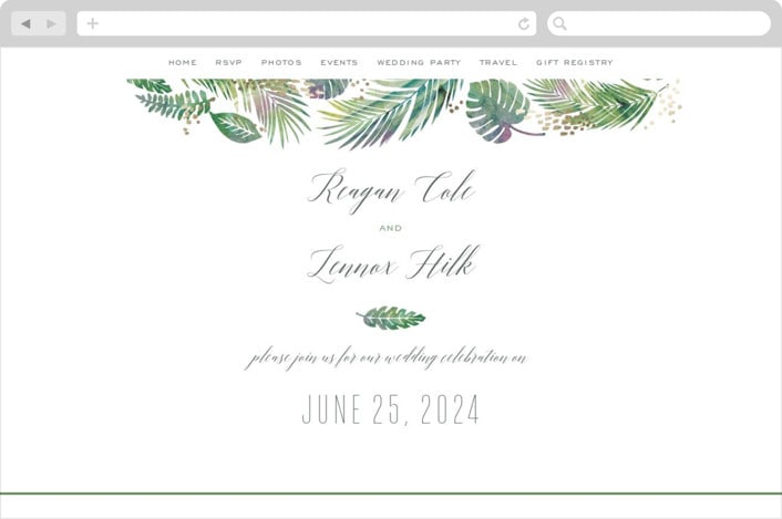 "Tropical Foliage" - Wedding Website in Fern by Hooray Creative - Desktop Design