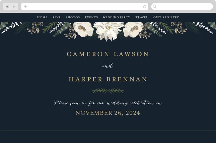 "Peonies & Berries" - Wedding Website in Winter White by Susan Moyal - Desktop Design