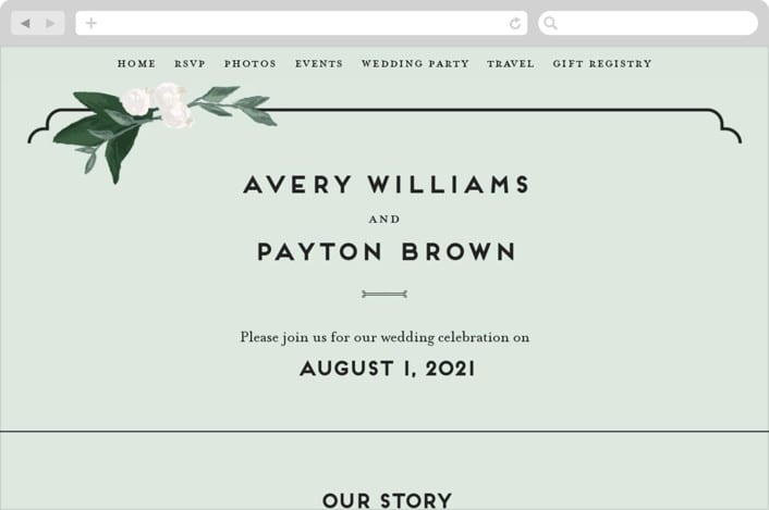 "Botanical Name Plate" - Wedding Website in Sage by Shiny Penny Studio - Desktop Design