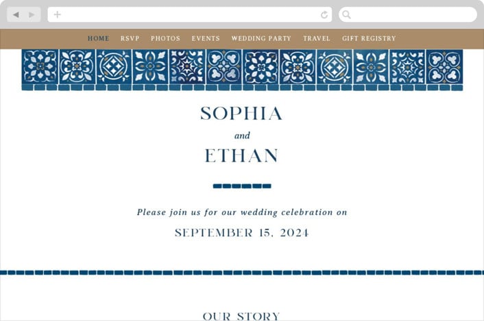"Mediterranean Tiles" - Wedding Website in Ocean by GeekInk Design - Desktop Design