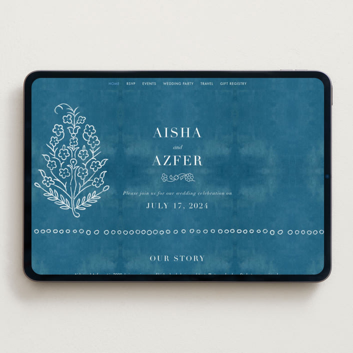 "Kantha Quilt" - Wedding Website in Indigo by Nazia Hyder - Desktop Design