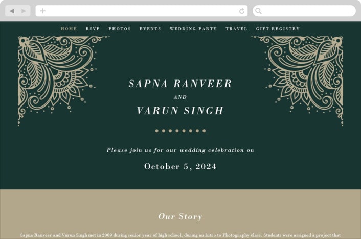 "Engraved Paisley" - Wedding Website in Cardamom by Oma N. Ramkhelawan - Desktop Design