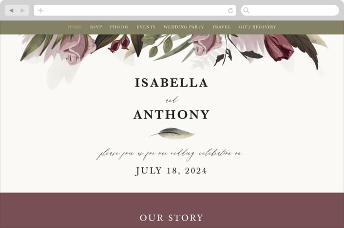 "Roses & Greenery" - Wedding Website in Aubergine by Susan Moyal - Desktop Design