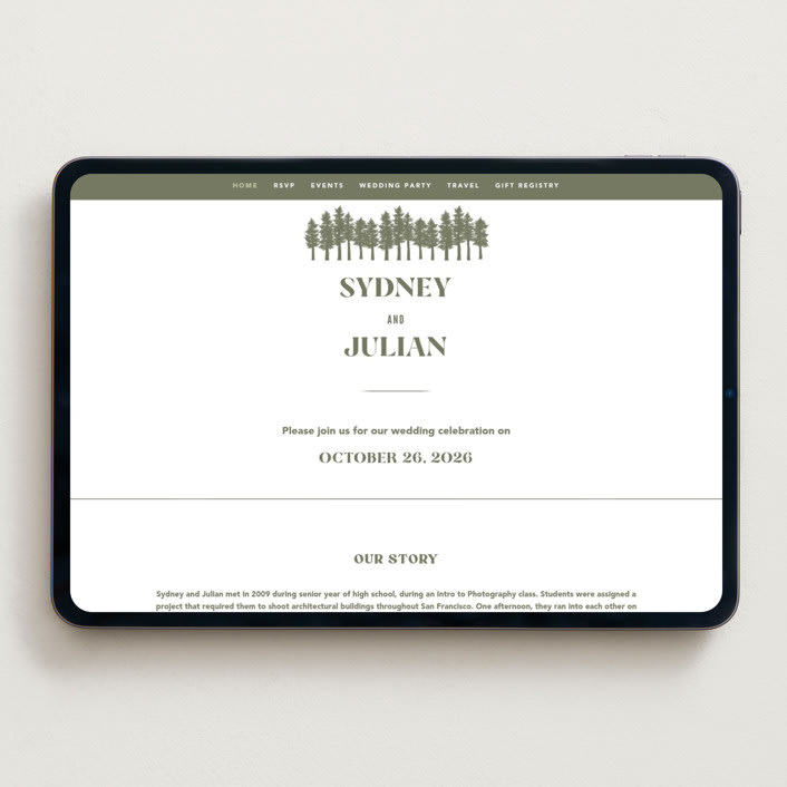 "Sequoia" - Wedding Website in Moss by Robert and Stella - Desktop Design