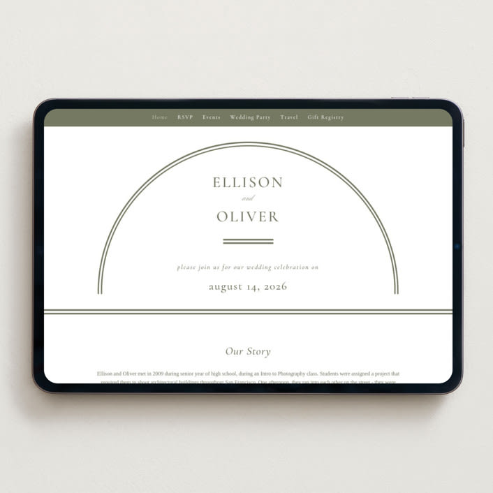 "Classic Arch" - Wedding Website in Moss by Corinne Malesic - Desktop Design
