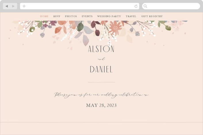 "Golden Hour" - Wedding Website in Peony by Jennifer Wick - Desktop Design