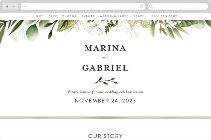 "Enchanted Greenery" - Wedding Website in Frost by Susan Moyal - Desktop Design