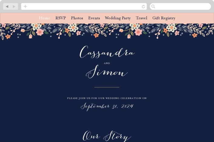 "Wildflower Crest" - Wedding Website in Navy by Alethea and Ruth - Desktop Design