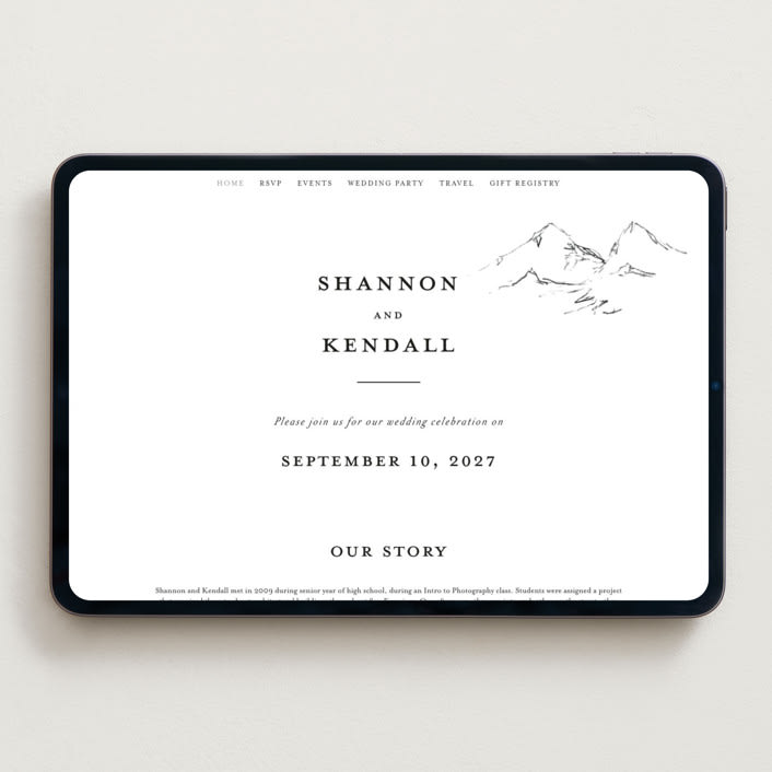 "Sketched Mountains" - Wedding Website in Snow by Mere Paper - Desktop Design