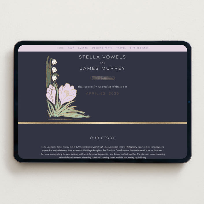 "Deco Spring Florals" - Wedding Website in Navy by Shiny Penny Studio - Desktop Design