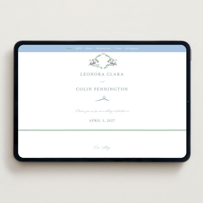"Vintage Whimsy" - Wedding Website in Bluebell by Corinne Malesic - Desktop Design