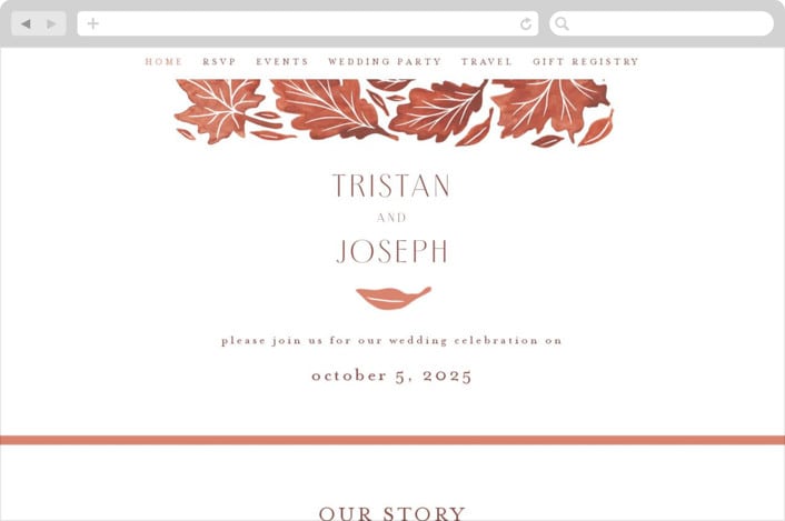 "Watercolor Fallen Leaves" - Wedding Website in Copper by Katharine Watson - Desktop Design