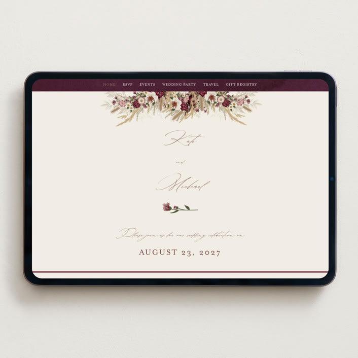 "Dried Floral Wreath" - Wedding Website in Cabernet by Erin Deegan - Desktop Design