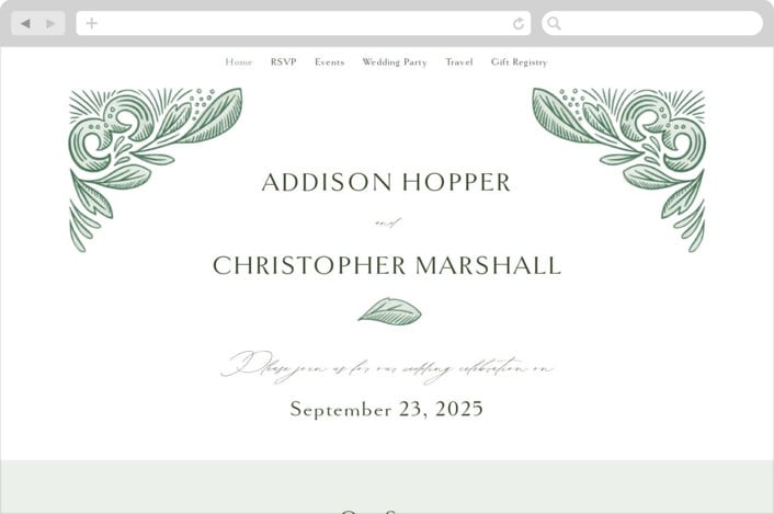 "Ornate" - Wedding Website in Sage by Jen Owens - Desktop Design