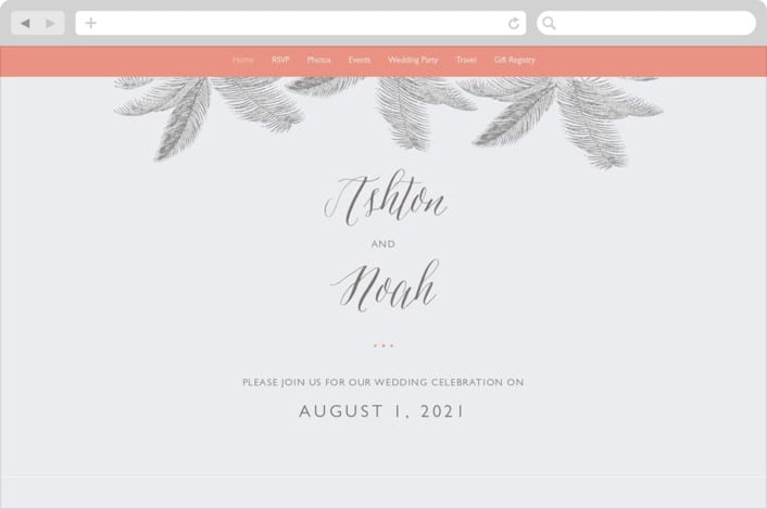 "Palm" - Wedding Website in Salmon by Lauren Chism - Desktop Design