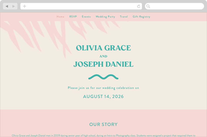 "The Palm" - Wedding Website in Flamingo by Pixel and Hank - Desktop Design