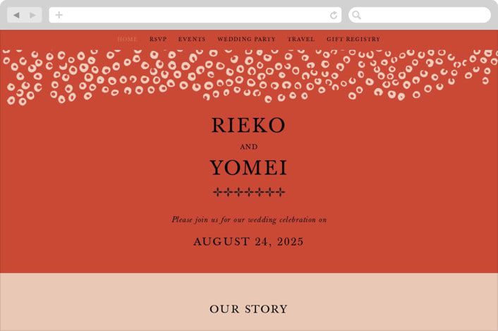 "Japanese Fabric" - Wedding Website in Persimmon by Becky Nimoy - Desktop Design