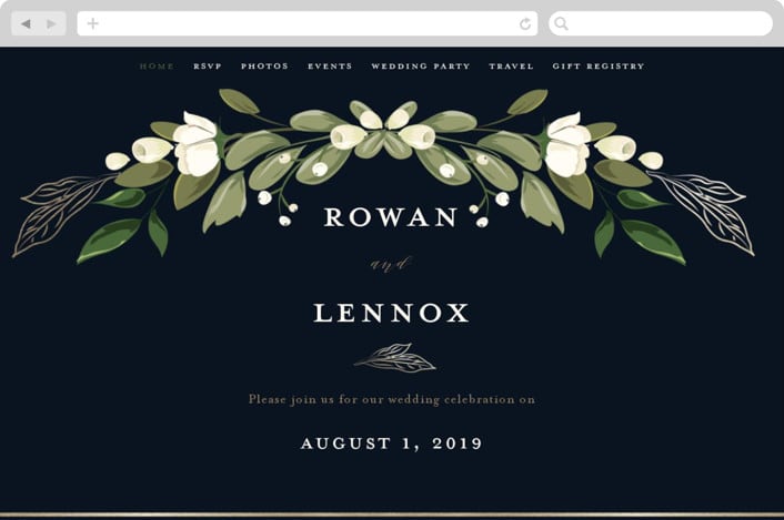 "Greenery Crown" - Wedding Website in Navy by Susan Moyal - Desktop Design