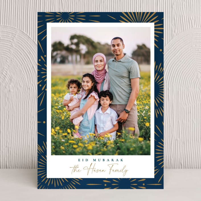 "Bright Bursts" - Eid Cards in Navy by Robert and Stella - Front