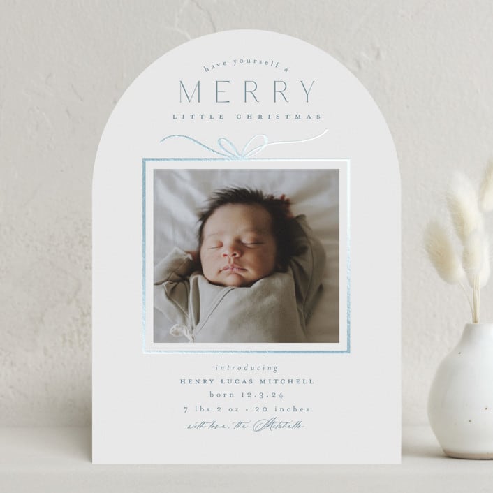 "Little Gift" - Holiday Birth Announcement Cards in Sky by Everett Paper Goods - Front
