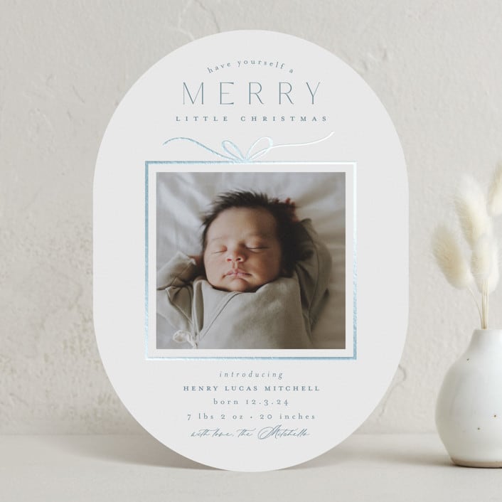 "Little Gift" - Holiday Birth Announcement Cards in Sky by Everett Paper Goods - Front