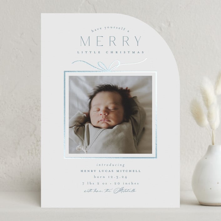 "Little Gift" - Holiday Birth Announcement Cards in Sky by Everett Paper Goods - Front