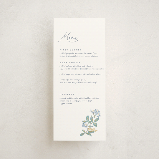 "Climbing Florals" - Foil-Pressed Menus in Sapphire by Olivia Raufman - Front