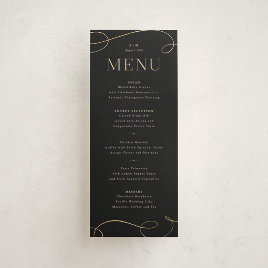 "Black Tie Affair" - Foil-Pressed Menus in Onyx by Hooray Creative - Front