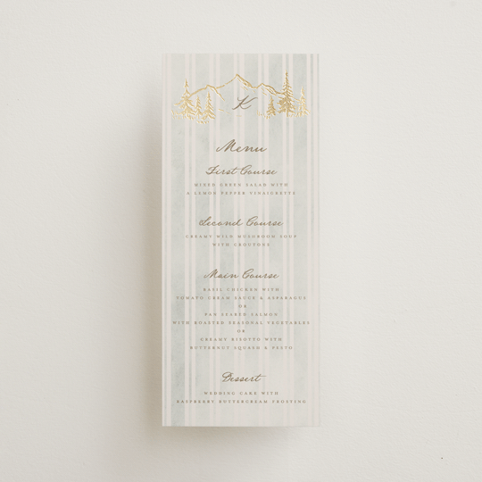 "Mountain Love" - Foil-Pressed Menus in Dew by Petra Kern - Front