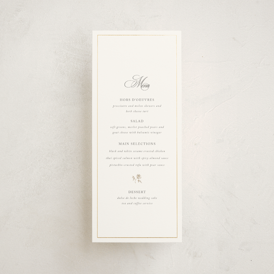 "Here With You" - Foil-Pressed Menus in Classic Bride by Design Lotus - Front