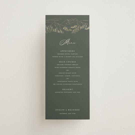 "Peaks" - Foil-Pressed Menus in Hunter by Sarah Brown - Front
