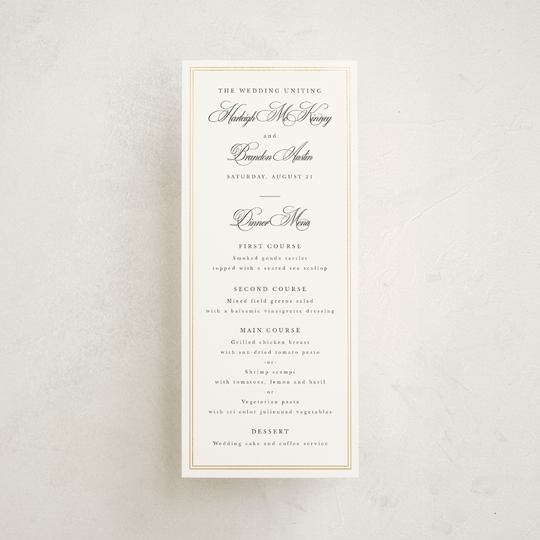 "Traditionalist" - Foil-Pressed Menus in Snow by Sarah Brown - Front