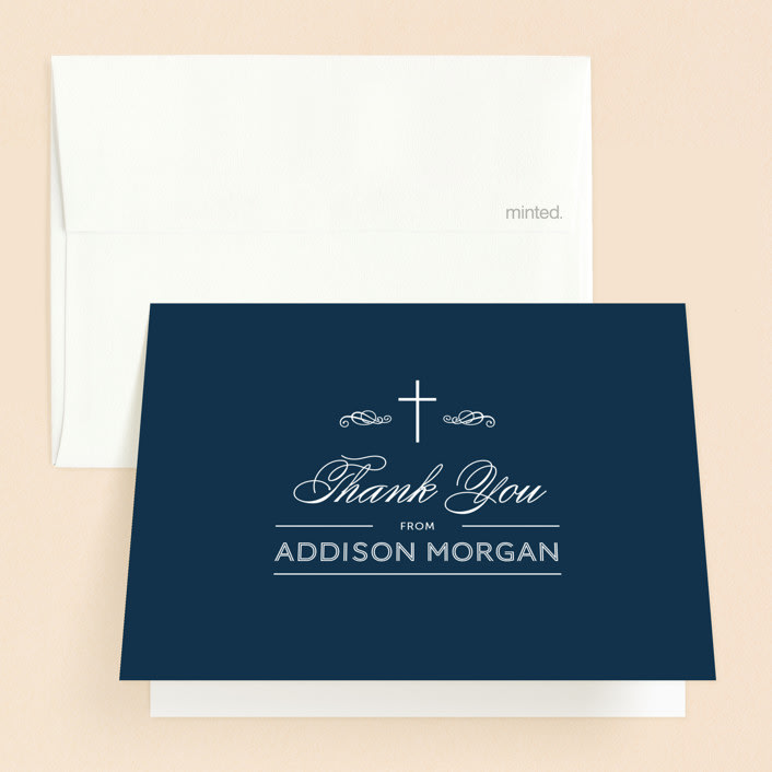 "Stately Cross" - First Holy Communion Thank You Cards in Navy by Beth Schneider - Front