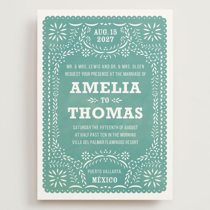 "Fiesta Folk Art" - Wedding Invitations in Lagoon by root beer float - Front