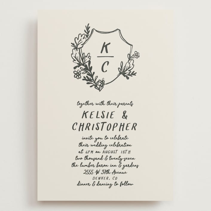 "Botanical Crest" - Wedding Invitations in Ink by Kelly Watkins - Front