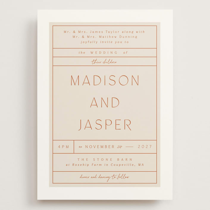 "Modern Ticket" - Wedding Invitations in Rust by Alethea and Ruth - Front