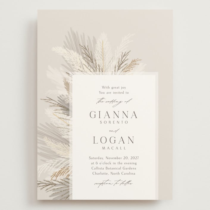 "Pampas & Palms" - Wedding Invitations in Ash by Kaydi Bishop - Front