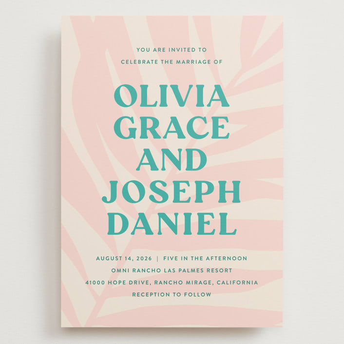 "The Palm" - Wedding Invitations in Flamingo by Pixel and Hank - Front