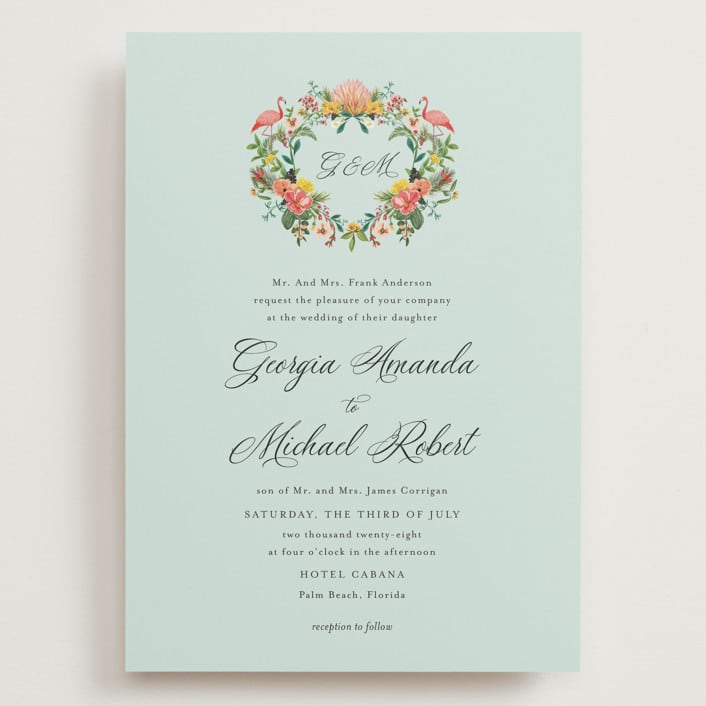 "Tropical Crest" - Wedding Invitations in Papaya by Susan Moyal - Front
