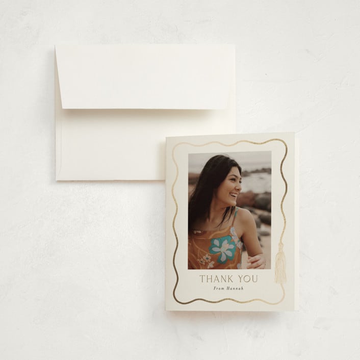 "Tassel Scallop" - Graduation Thank You Cards in Snow by Susan Zinader - Front