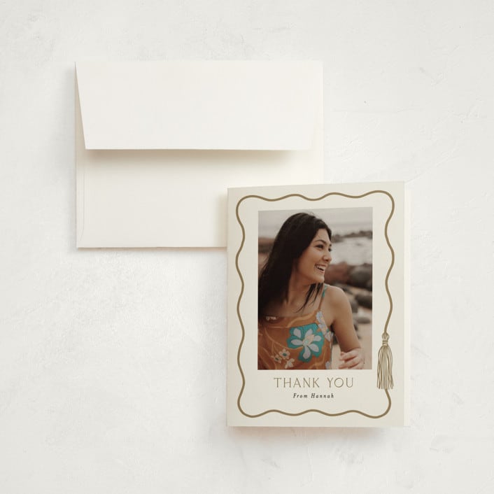 "Tassel Scallop" - Graduation Thank You Cards in Snow by Susan Zinader - Front