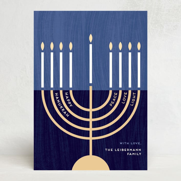 "Modern Menorah" - Hanukkah Cards in Navy by Kami Turnell - Front